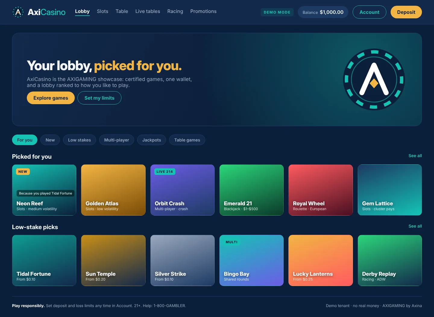 AxiCasino demo lobby on AXIGAMING with personalised 'Picked for you' and 'Low-stake picks' game rows
